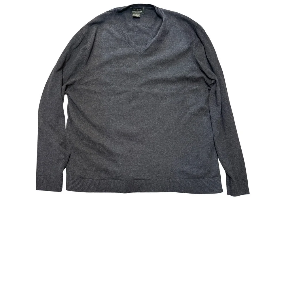 Eddie Bauer Cotton Cashmere V Neck Sweater Mens Large Gray Long Sleeve Casual